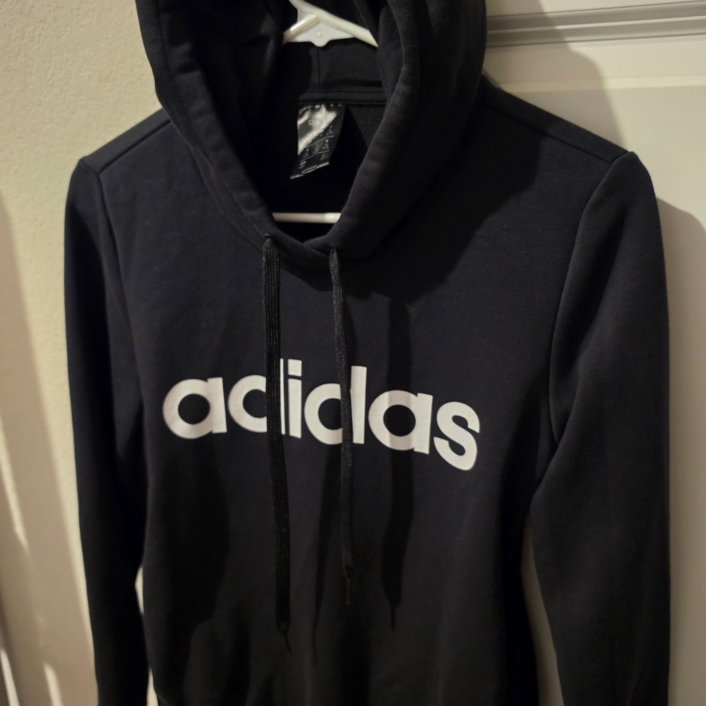 Adidas Womens Essentials Linear Pullover Hoodie Black White Logo XS